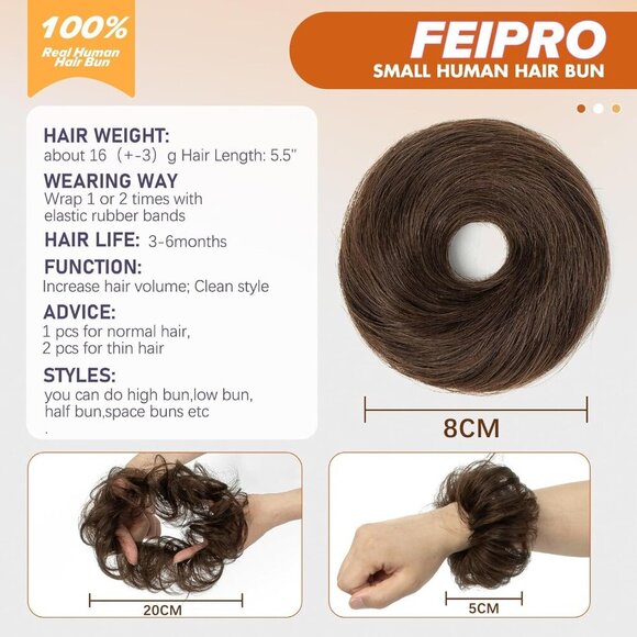 Human Hair Bun Extensions Elastic Ponytail Wrap No Claw 2.76in Dark Brown main image 7